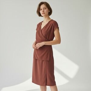 MM.LaFleur Etsuko Dress 16 Burgundy Maroon Faux Wrap Holiday Quiet Luxury Midi